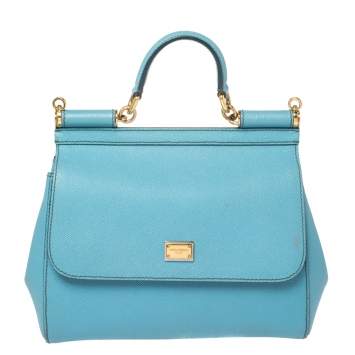 Pre Owned Dolce & Gabbana Baby Blue Leather Medium Miss Sicily Top Handle Bag