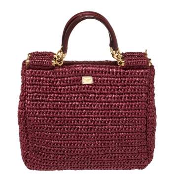 Pre Owned Dolce & Gabbana Burgundy Woven Raffia Miss Sicily Tote