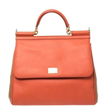 Pre Owned Dolce & Gabbana Orange/Brown Leather Large Miss Sicily Top Handle Bag