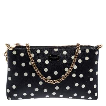 Pre Owned Dolce & Gabbana Black/White Polka Dot Leather Chain Clutch