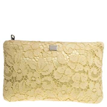Pre Owned Dolce & Gabbana Yellow Lace Zipped Clutch