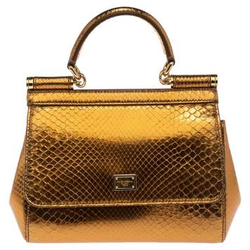Pre Owned Dolce & Gabbana Metallic Gold Python Small Miss Sicily Top Handle Bag