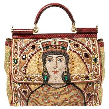 Pre Owned Dolce & Gabbana Multicolor Embroidered Fabric and Python Trim Queen Regina Large Sicily Top Handle Bag