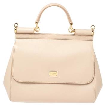 Pre Owned Dolce & Gabbana Beige Leather Medium Miss Sicily Top Handle Bag