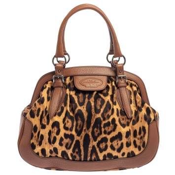Pre Owned Dolce & Gabbana Brown Leopard Print Canvas and Leather Animalier Zip Satchel