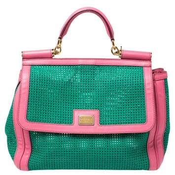 Pre Owned Dolce & Gabbana Green/Pink Woven Raffia and Leather Large Miss Sicily Top Handle Bag