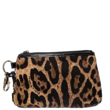 Pre Owned Dolce & Gabbana Brown Leopard print Canvas and Patent Leather Pouch 