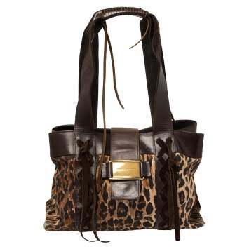Pre Owned Dolce & Gabbana Beige/Brown Leopard Print Canvas And Leather Tote