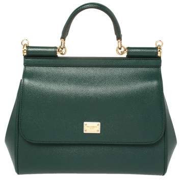 Pre Owned Dolce & Gabbana Green Leather Medium Miss Sicily Top Handle Bag