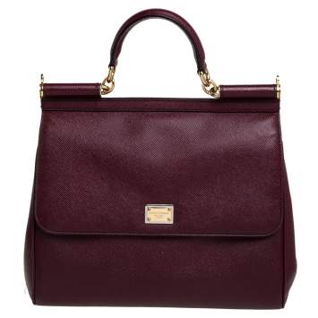 Pre Owned Dolce & Gabbana Wine Red Leather Large Sicily Top Handle Bag