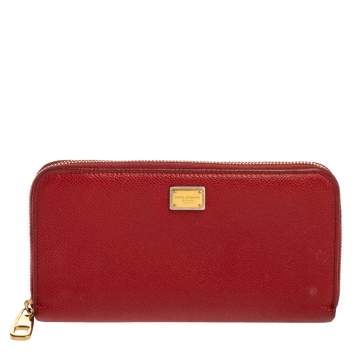 Pre Owned Dolce & Gabbana Red Leather Zip Around Wallet