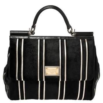 Pre Owned Dolce and Gabbana Black/Silver Stripe Calfhair and Snakeskin XL Miss Sicily Top Handle Bag