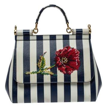 Pre Owned Dolce & Gabbana Blue/White Striped Embroidered Leather Medium Miss Sicily Top Handle Bag