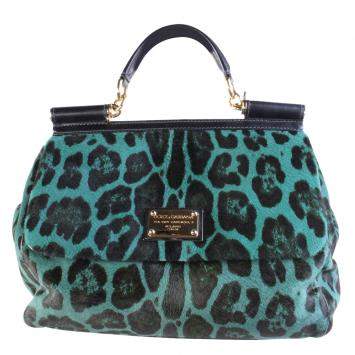 Pre Owned Dolce and Gabbana Green Pony Hair Leopard Sicily Top Handle Bag