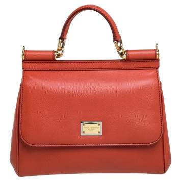 Pre Owned Dolce & Gabbana Orange Leather Medium Miss Sicily Top Handle Bag