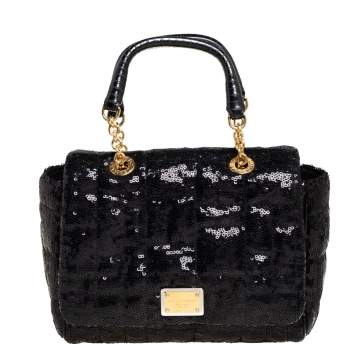 Pre Owned Dolce & Gabbana Black Sequin Small Sicily Top Handle Bag
