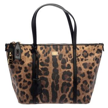 Pre Owned Dolce & Gabbana Brown/Black Animal Print Coated Canvas and Leather Miss Escape Tote