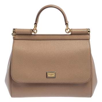 Pre Owned Dolce & Gabbana Beige Leather Medium Miss Sicily Top Handle Bag