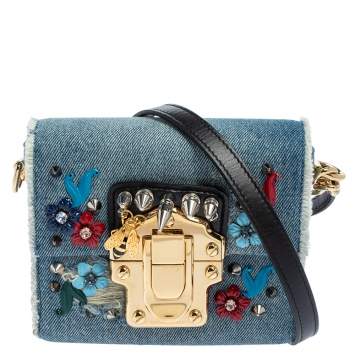 Pre Owned Dolce & Gabbana Blue Embellished Denim Mini Lucia Shoulder Bag