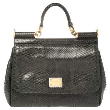 Pre Owned Dolce & Gabbana Deep Green Python Medium Miss Sicily Top Handle Bag