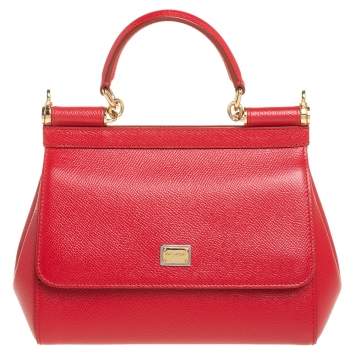 Pre Owned Dolce & Gabbana Red Leather Small Miss Sicily Top Handle Bag