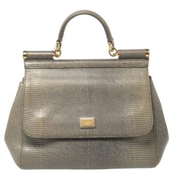 Pre Owned Dolce & Gabbana Avocado Green Lizard Embossed Leather Medium Miss Sicily Bag