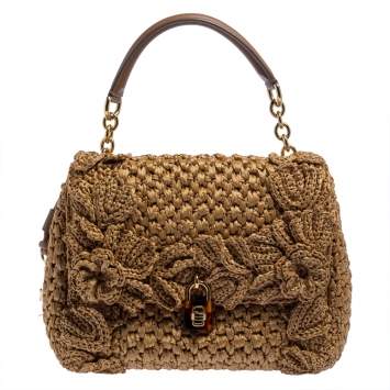 Pre Owned Dolce & Gabbana Tan/Brown Raffia and Leather Padlock Top Handle Bag