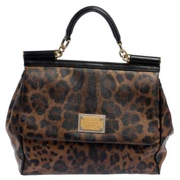 Pre Owned Dolce & Gabbana Black/Brown Leopard Print Coated Canvas and Leather Large Miss Sicily Top Handle Bag