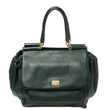 Pre Owned Dolce & Gabbana Dark Green Leather Large New Miss Sicily Top Handle Bag