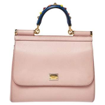 Pre Owned Dolce & Gabbana Pink Leather Medium Miss Sicily Top Handle Bag