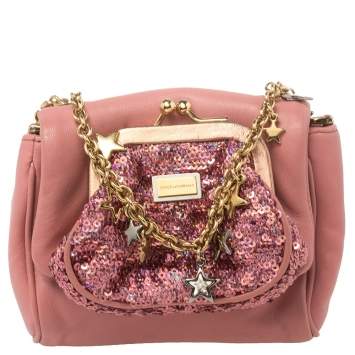 Pre Owned Dolce & Gabbana Pink Leather And Sequin Crossbody Bag
