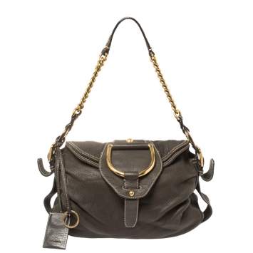 Pre Owned Dolce & Gabbana Dark Brown Pebbled Leather D Ring Flap Hobo