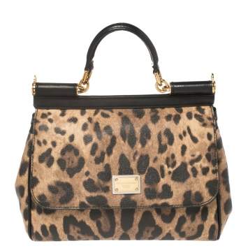 Pre Owned Dolce & Gabbana Brown/Black Leopard Print Coated Canvas and Leather Medium Miss Sicily Top Handle Bag
