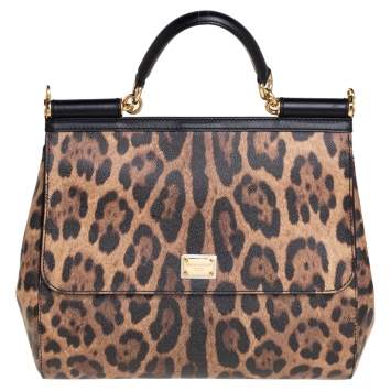 Pre Owned Dolce & Gabbana Black/Brown Leopard Print Coated Canvas and Leather Large Miss Sicily Top Handle Bag