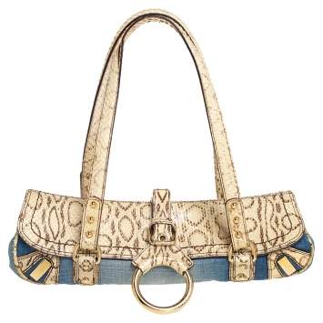 Pre Owned Dolce & Gabbana Blue/Cream Denim and Snakeskin D Ring Flap Satchel