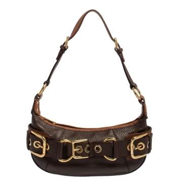 Pre Owned Dolce & Gabbana Brown Leather Buckle Baguette Bag