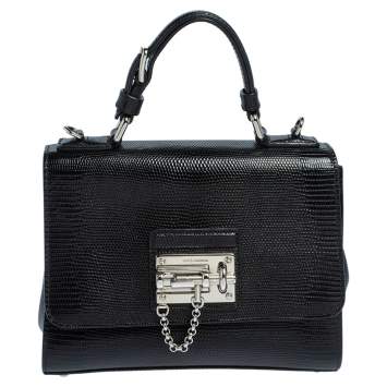 Pre Owned Dolce & Gabbana Black Lizard Embossed Leather Small Miss Monica Top Handle Bag