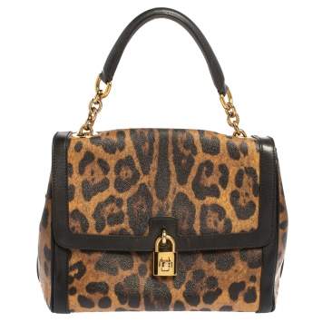 Pre Owned Dolce & Gabbana Brown Leopard Print Coated Canvas Padlock Shoulder Bag