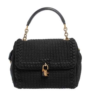 Pre Owned Dolce & Gabbana Black Crochet Fabric and Snakeskin Padlock Top Handle Bag