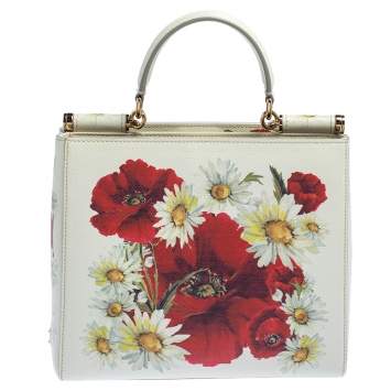 Pre Owned Dolce & Gabbana Off White Floral Print Leather Small Miss Sicily Tote