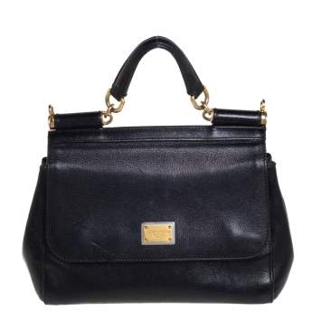 Pre Owned Dolce & Gabbana Black Leather Medium Miss Sicily Top Handle Bag