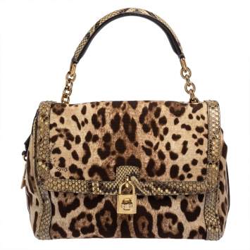 Pre Owned Dolce and Gabbana Brown Leopard Print Canvas and Python Miss Dolce Top Handle Bag