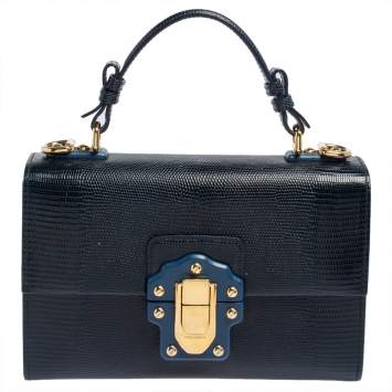Pre Owned Dolce & Gabbana Blue Lizard Embossed Leather Lucia Top Handle Bag