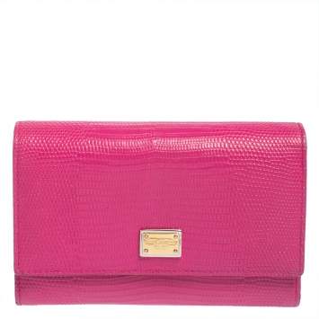 Pre Owned Dolce & Gabbana Pink Lizard Embossed Leather Trifold Wallet