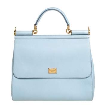 Pre Owned Dolce & Gabbana Powder Blue Leather Large Sicily Top Handle Bag