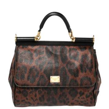 Pre Owned Dolce & Gabbana Brown Leopard Print Coated Canvas Large Miss Sicily Top Handle Bag