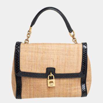Pre Owned Dolce & Gabbana Beige/Black Raffia and Python Trim Miss Dolce Top Handle Bag