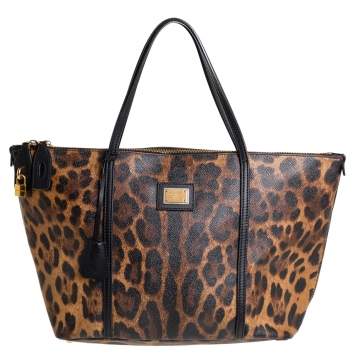Pre Owned Dolce & Gabbana Brown/Black Leopard Print Coated Canvas and Leather Zip Tote