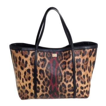 Pre Owned Dolce & Gabbana Brown/Black Leopard Print Coated Canvas and Leather Miss Escape Tote