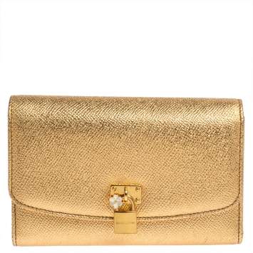 Pre Owned Dolce & Gabbana Gold Leather Padlock Trifold Compact Wallet